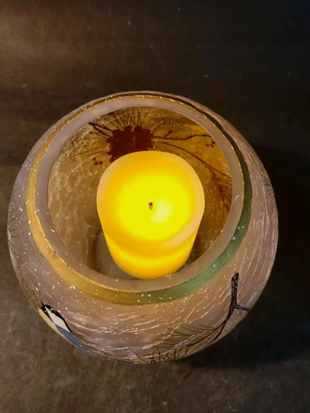 Crackled, Frosted Candle Holder with Chickadee Birds, Pine Cones, Pine Needles